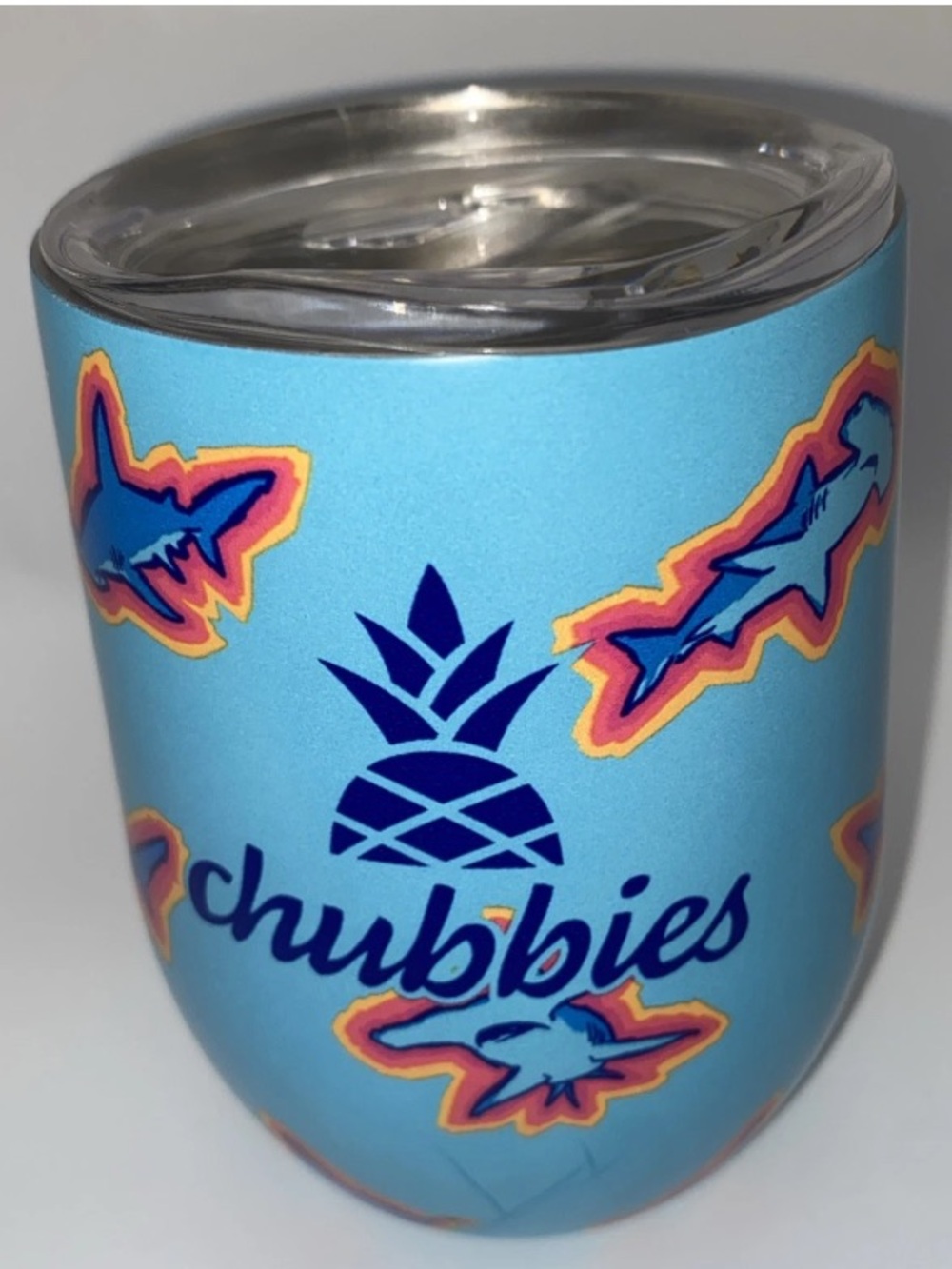 Chubbies Stemless Wine Drink Tumbler-12 oz-Insulated-Blue-Sharks-With Sip Lid